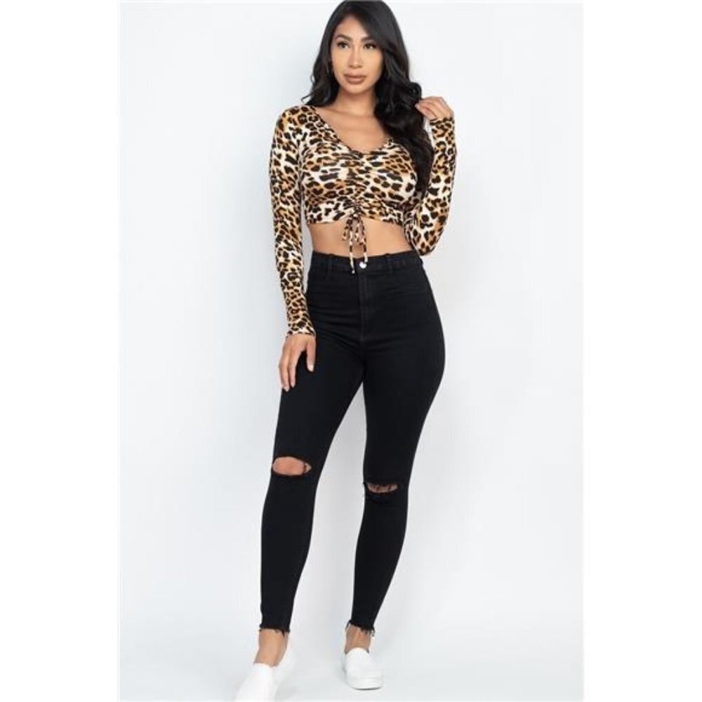 Leopard Print Long Sleeve Scoop Neckline Ruched Front Crop Top